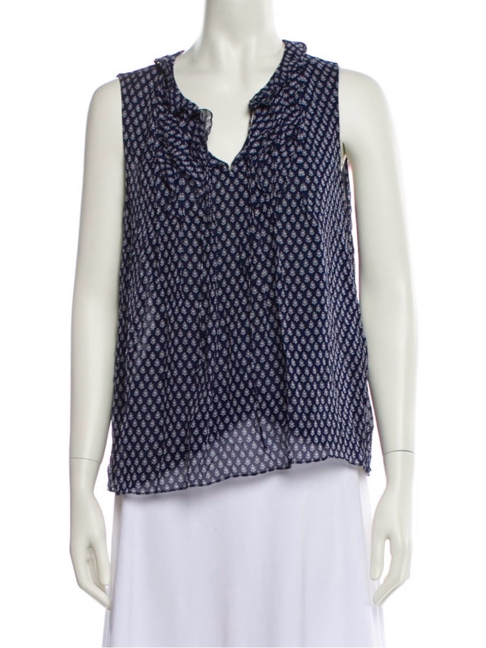 Diane Von Furstenberg Navy and White Sleeveless Ruffle V-Neck Blouse